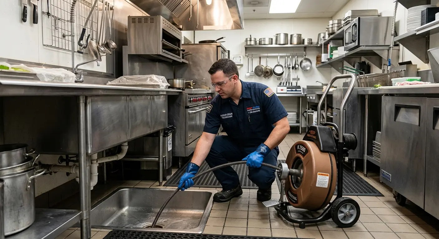 Commercial drain cleaning service in a restaurant kitchen in Russellville