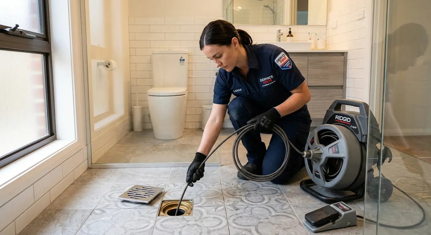 Technician clearing a bathroom floor drain for Drain Repair in Russellville